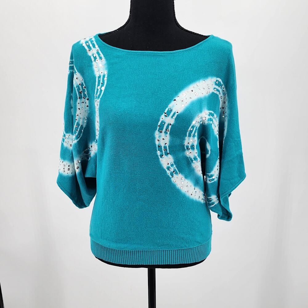 INC Blue and White w/Silver Sequin Short Draped Sleeve Sweater EUC Size S
